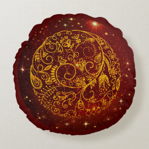 Stylish Golden-Red Ornamental Round Cushion