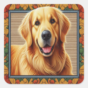 Stylish Golden Retriever Dog Colourful Frame Square Sticker