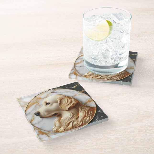 Stylish Golden Retriever Marble Harmony Glass Coaster (Angled)