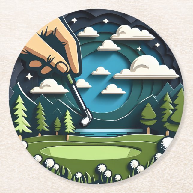 Stylish Golf Design with Trees and Clouds Round Paper Coaster (Front)