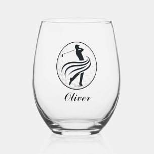 Stylish Golfer Silhouette Personalised Stemless Wine Glass