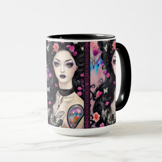 Stylish Goth Tattoo Girl Black and Pink Mug (Front Right)