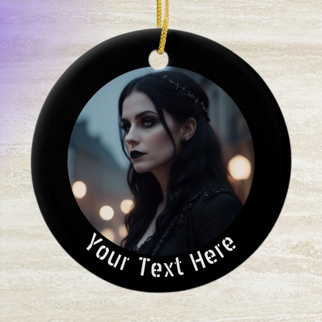 Stylish Gothic Black Emo Personalised Photo Text Ceramic Ornament (A personalized ornament with your own photo and text, with black border effect in a goth & emo style)
