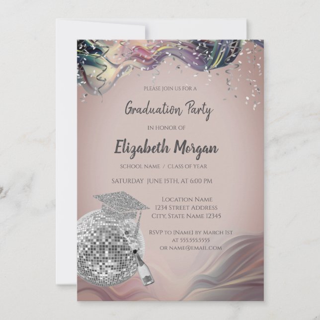 Stylish Grad Cap,Disco Ball,Wine Violet Abstract Invitation (Front)