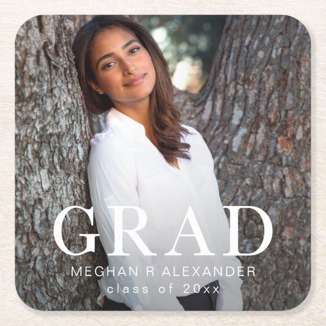 Stylish Grad Typography Graduation Photo Square Paper Coaster (Front)