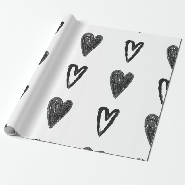 Stylish graphic seamless pattern with hearts. Blac Wrapping Paper (Unrolled)