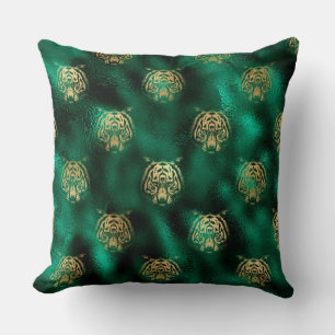 Stylish Green and Gold Wild Tiger Face Safari Cushion