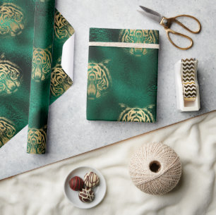 Stylish Green and Gold Wild Tiger Face Safari Wrapping Paper