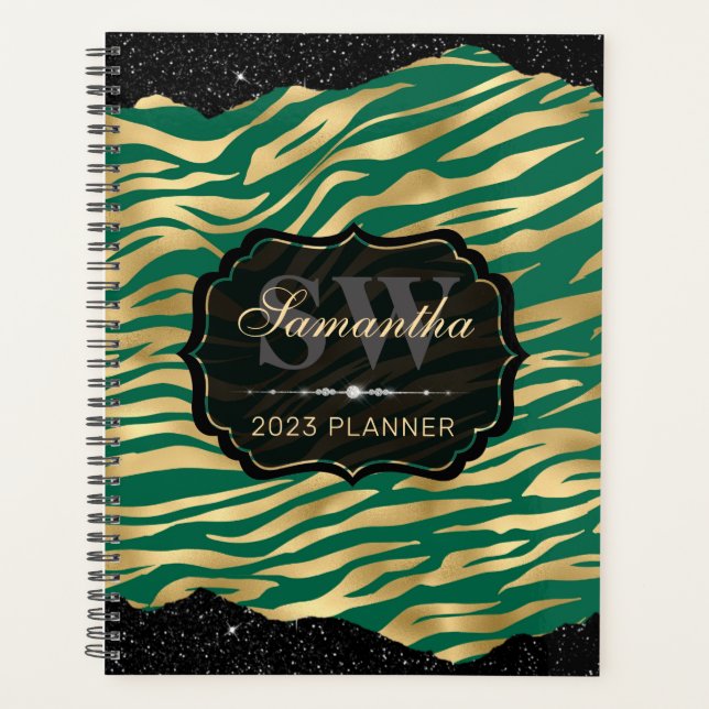 Stylish Green and Gold Zebra Stripes Monogram Planner (Front)