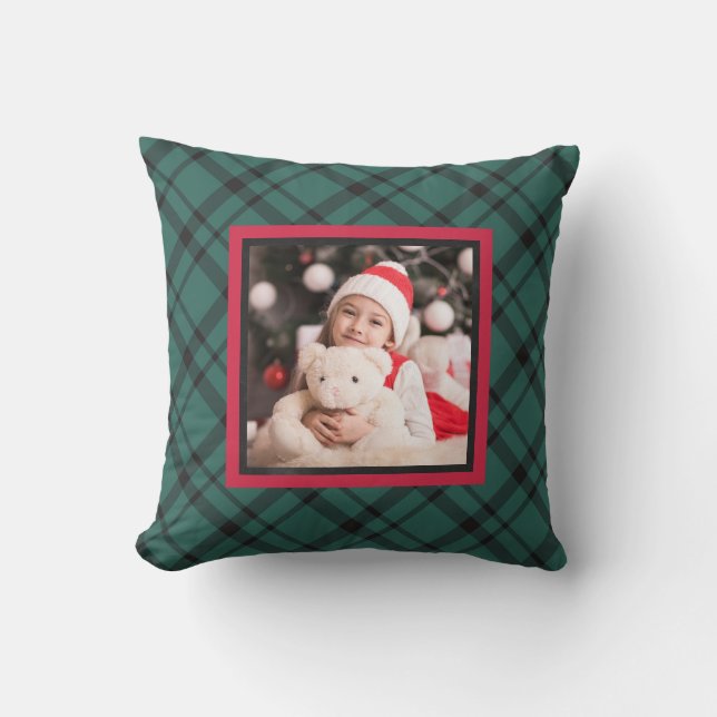 Stylish Green and Red Christmas Plaid with Photo Cushion (Front)