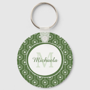 Stylish Green and White Hearts Monogram With Name Key Ring