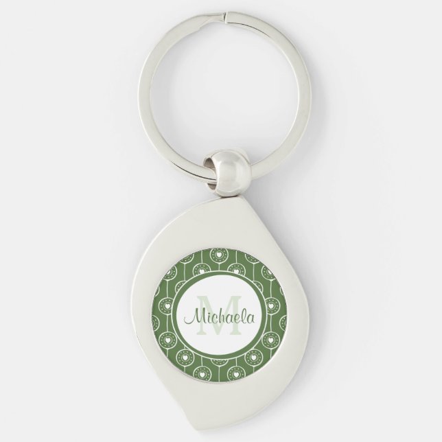 Stylish Green and White Hearts Monogram With Name Key Ring (Front)