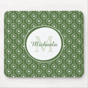 Stylish Green and White Hearts Monogram With Name Mouse Pad
