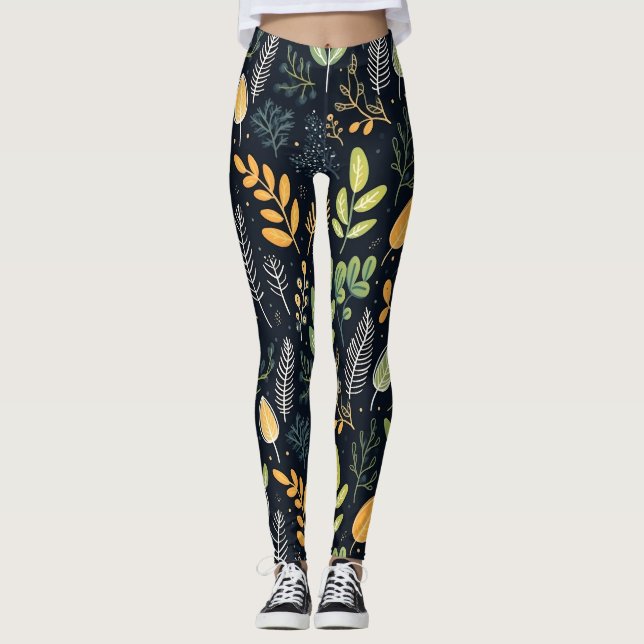 Stylish Green and Yellow Foliage Pattern  Leggings (Front)
