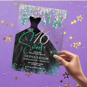 Stylish green black dress sweet 16 monogram  acrylic invitations