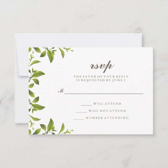 Stylish Green Botanical Leaves Wedding RSVP (Front)