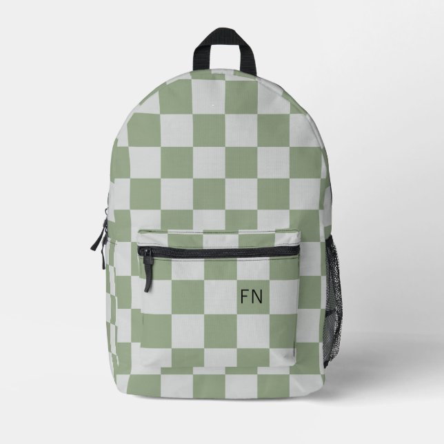 Stylish Green Chequerboard Monogram Initial Printed Backpack (Front)