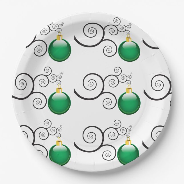 Stylish Green Christmas Ornament Pattern Paper Plate (Front)
