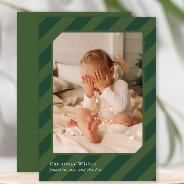 Stylish Green Christmas Stripes Photo Holiday Card (Creator Uploaded)