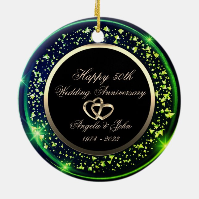 Stylish Green Confetti 50th Wedding Anniversary Ceramic Ornament (Back)