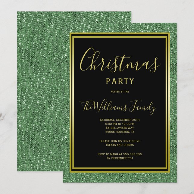 Stylish Green Glitter, Gold Framed Christmas Party Invitation (Front/Back)