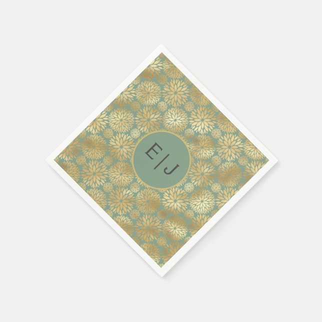 Stylish Green & Gold Dahlias Pattern Monogram  Napkin (Corner)