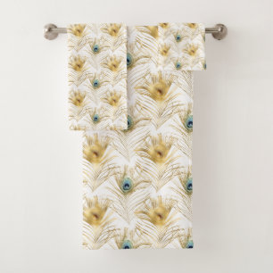 Stylish Green Gold Peacock Feathers Bath Towel Set
