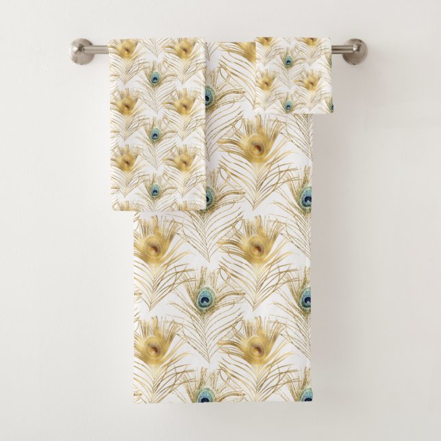 Stylish Green Gold Peacock Feathers Bath Towel Set (Insitu)