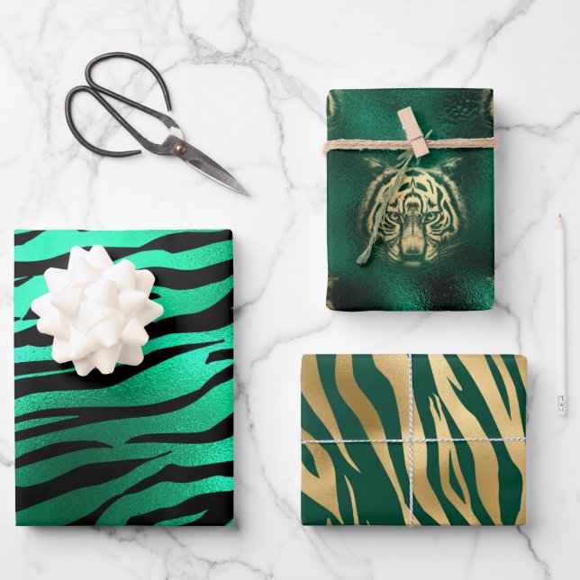 Stylish Green & Gold tiger face and stripes Safari Wrapping Paper Sheet (Front)