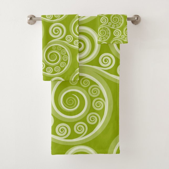 Stylish Green Koru Fern Frond Swirls Towel Set (Insitu)