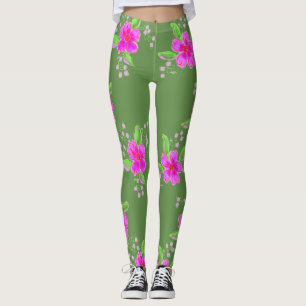 Stylish Green Leggings With Pink Flower Print