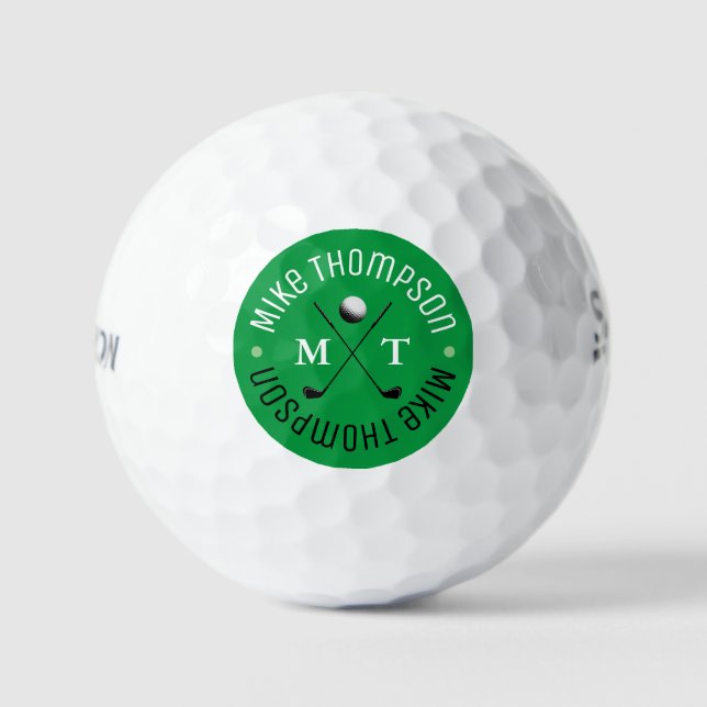 Stylish GREEN Monogram for Him Golf-Player  Golf Balls (Front)