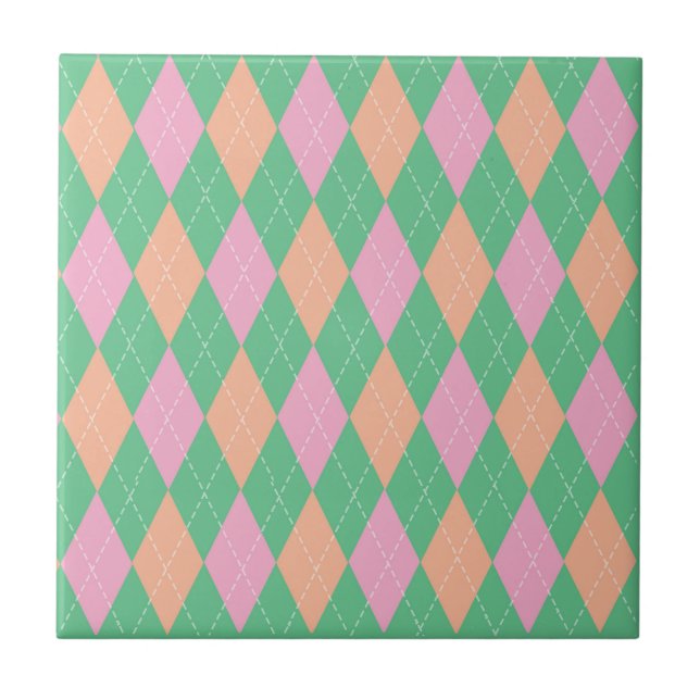 Stylish Green Orange Pink Argyle Pattern Ceramic Tile (Front)