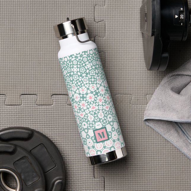 Stylish Green Pink Monogram Geometric  Water Bottle (Gym (Rotated))