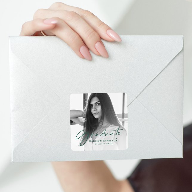 Stylish Green Script Photo Graduation Square Sticker (Creator Uploaded)