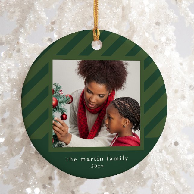 Stylish Green Stripe Simple Photo Christmas Ceramic Ornament (Creator Uploaded)