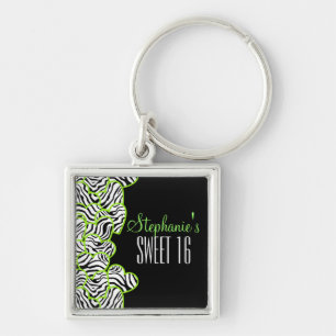 Stylish Green Sweet 16 Zebra Heart Design Name Key Ring