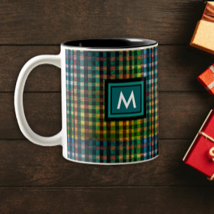 Stylish Green Tartan Scottish Pattern Monogram Two-Tone Coffee Mug