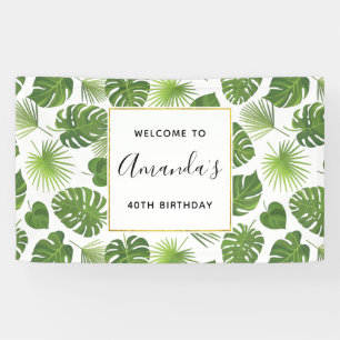 Stylish Green Tropical Leaves Pattern Birthday Banner
