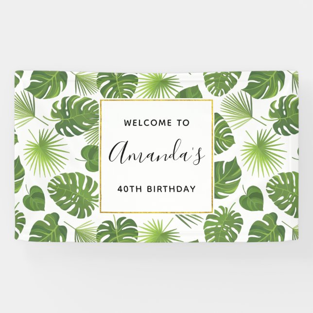 Stylish Green Tropical Leaves Pattern Birthday Banner (Horizontal)