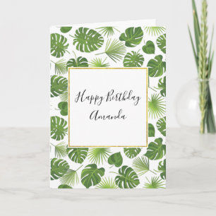 Stylish Green Tropical Leaves Pattern Birthday Card