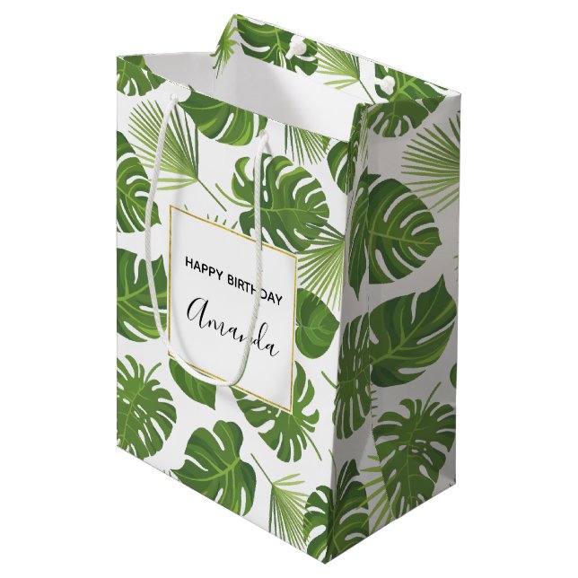 Stylish Green Tropical Leaves Pattern Birthday Medium Gift Bag (Front Angled)