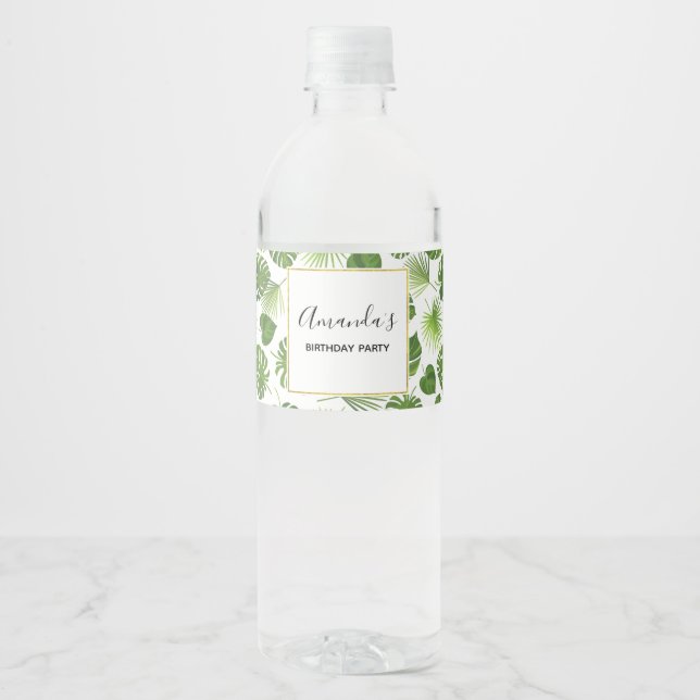Stylish Green Tropical Leaves Pattern Birthday Water Bottle Label (Front)