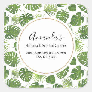 Stylish Green Tropical Leaves Pattern Business Square Sticker