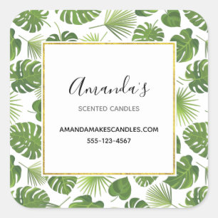 Stylish Green Tropical Leaves Pattern Business Square Sticker