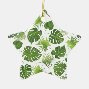 Stylish Green Tropical Leaves Pattern Ceramic Ornament