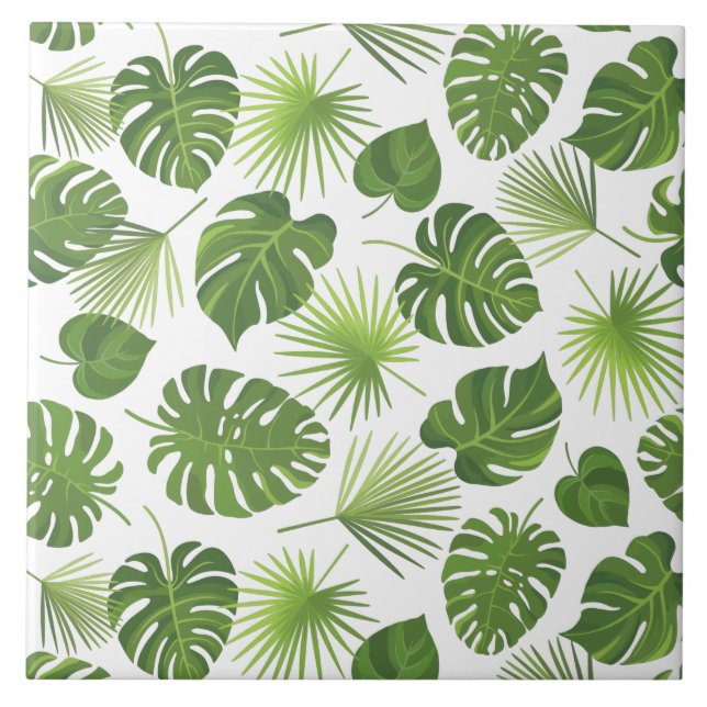 Stylish Green Tropical Leaves Pattern Ceramic Tile (Front)