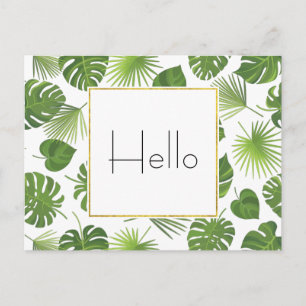 Stylish Green Tropical Leaves Pattern Hello Postcard