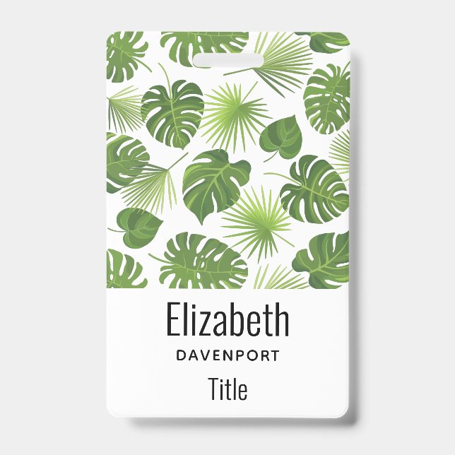 Stylish Green Tropical Leaves Pattern ID Badge (Front)