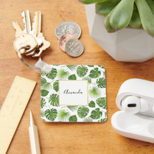 Stylish Green Tropical Leaves Pattern Key Ring